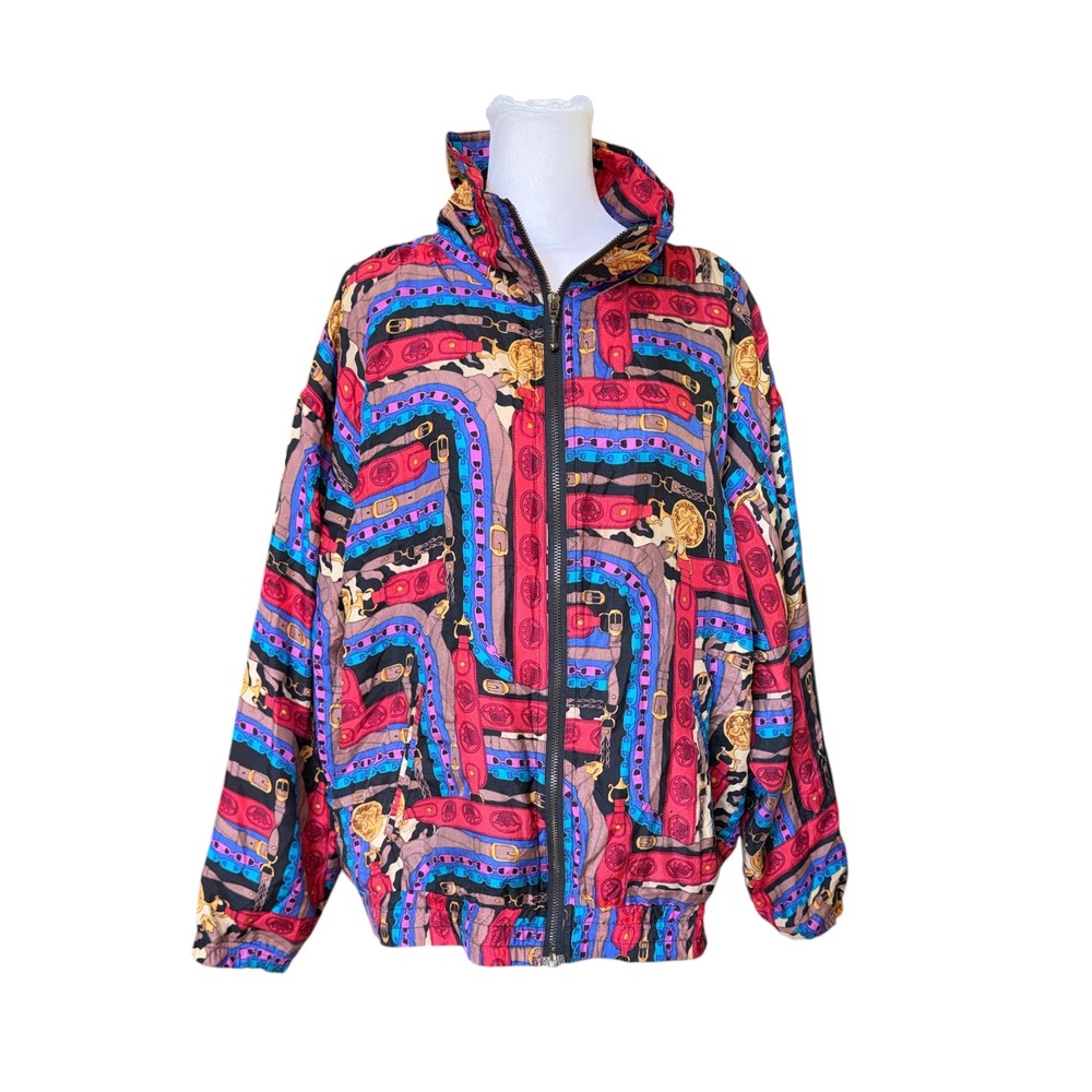 Vintage EVR Rousso Apparel Group Silk Bomber Jacket Chain Belt Print Mens Large